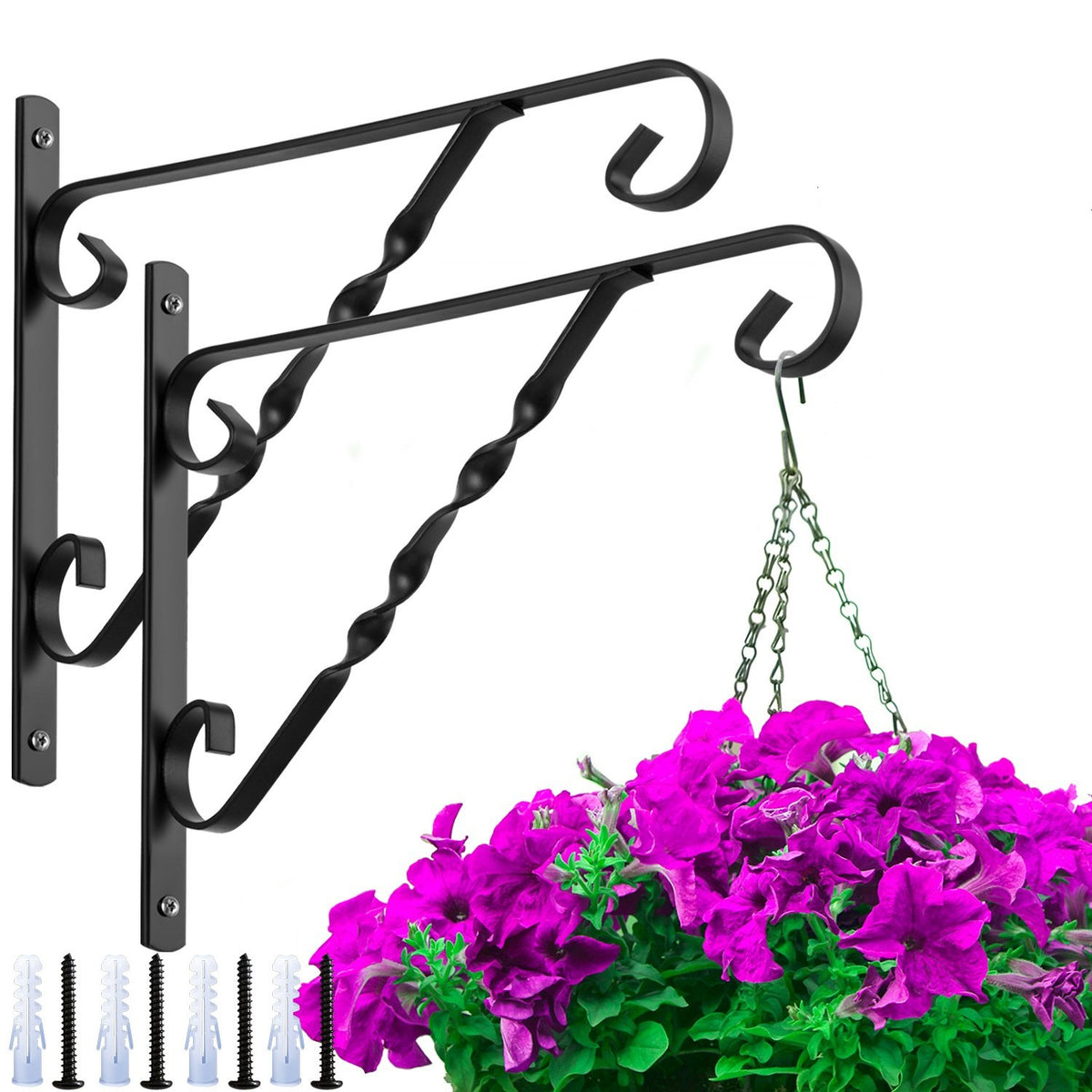 Forged Wall Plant Hook/Bracket For Hanging Basket Planters, 12-in, Black