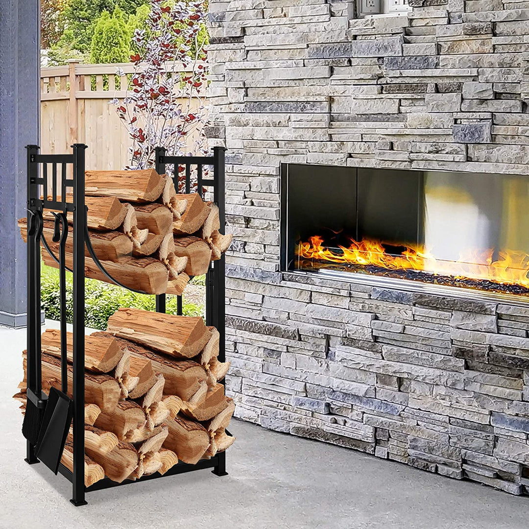 Amagabeli Fireplace Log Rack with 4 Tools Indoor Firewood Holders Mode