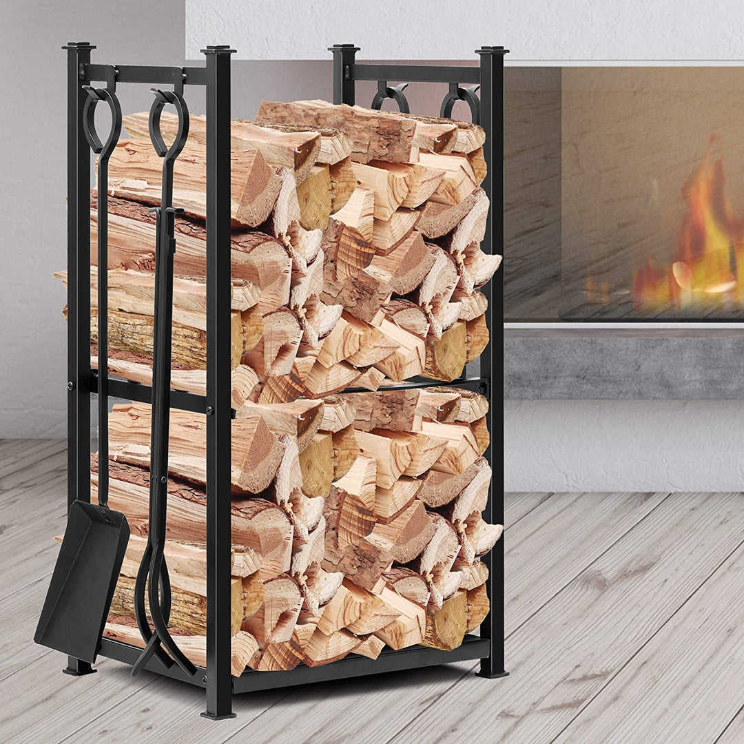 PloHearth - All-In-One Firewood fashion Wood Rack with Fireplace Tool Set, Black